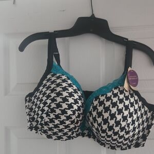 Lane Bryant Black and White Houndstooth Bra with Teal Lace